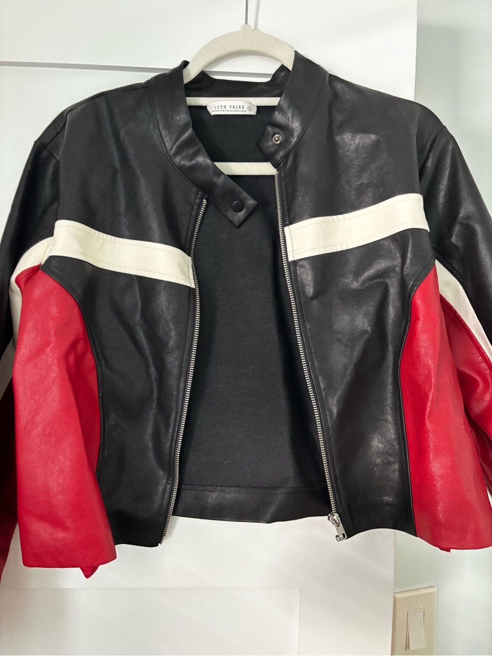 12th Tribe Women's Black & Red Leather Moto Jacket